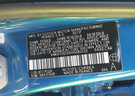 2017 Toyota Yaris L z USA, uszkodzony, nr VIN VNKKTUD3XHA084532